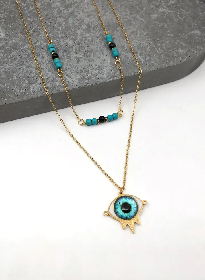 Stainless Steel Necklace Gold 2 Layers with Turquoise & Black Stones & Eye Pendant