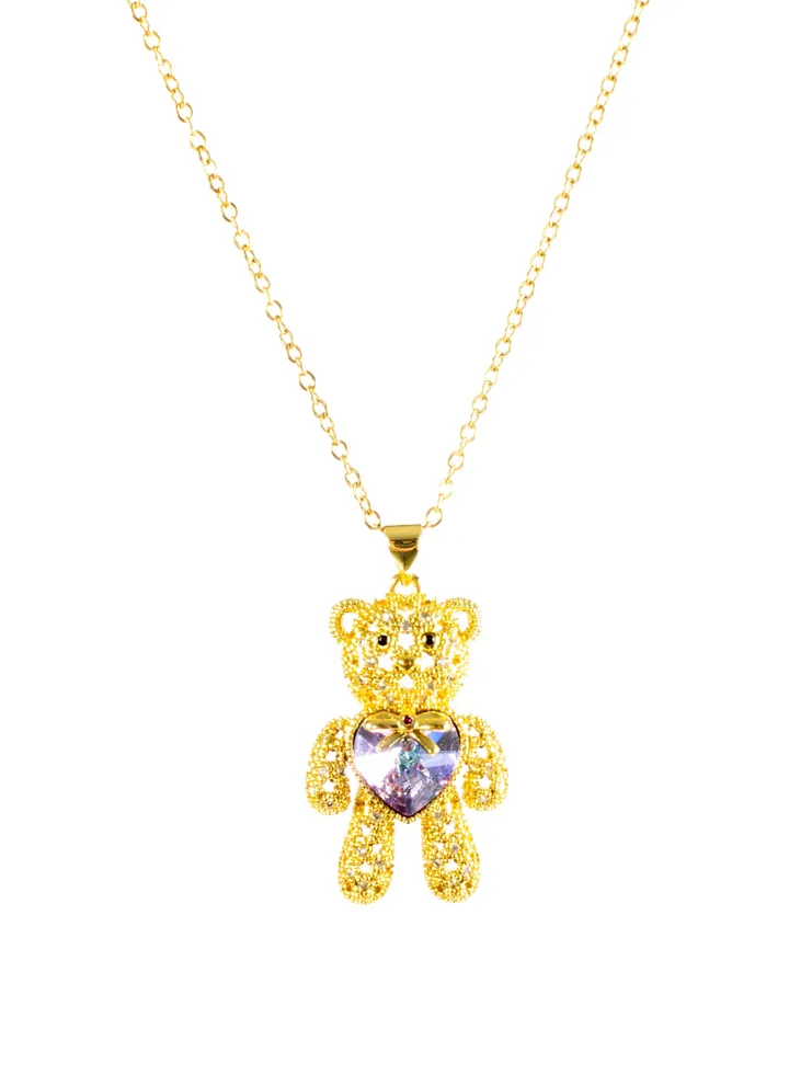Stainless Steel Necklace with a big Zirconic Bear and Crystal Stone Heart