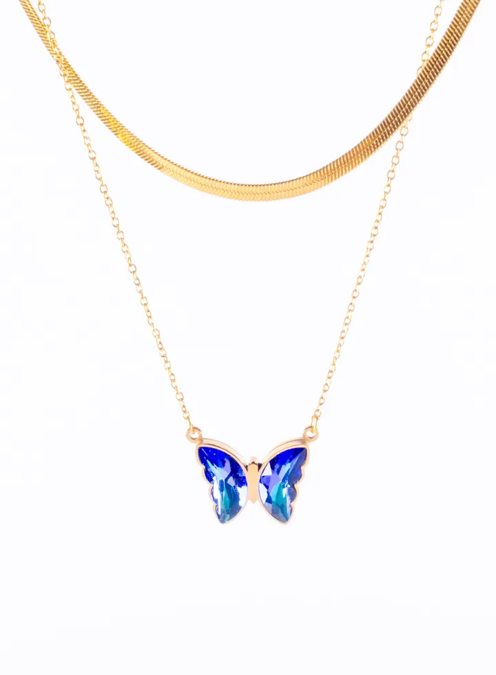 Stainless Steel Necklace 2 Layers skin Back with a Blue Butterfly Pendant
