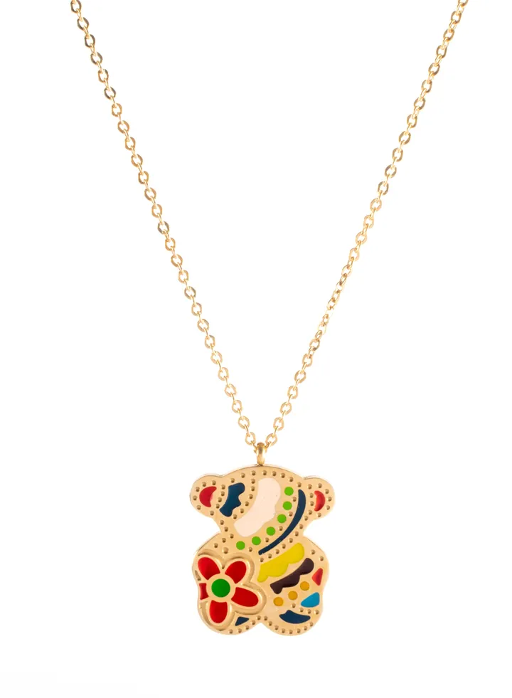 Stainless Steel Necklace with Multi Colored Bear Pendant