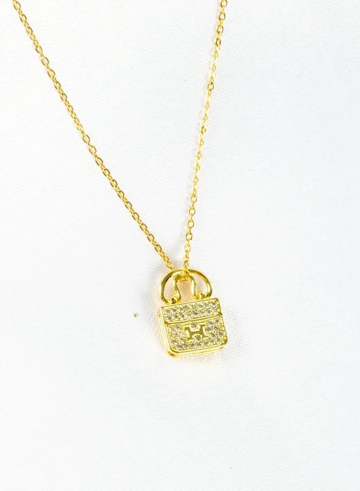Stainless Steel Necklace Gold with a Zirconic Bag Pendant