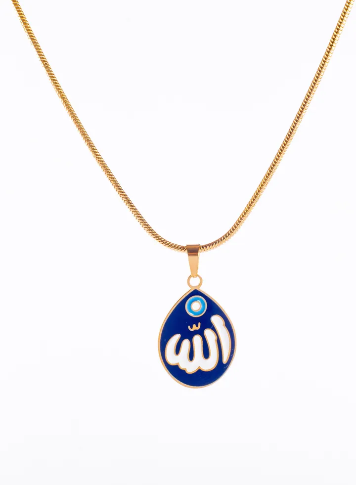 Stainless Steel Necklace Gold With Blue Allah Pendant