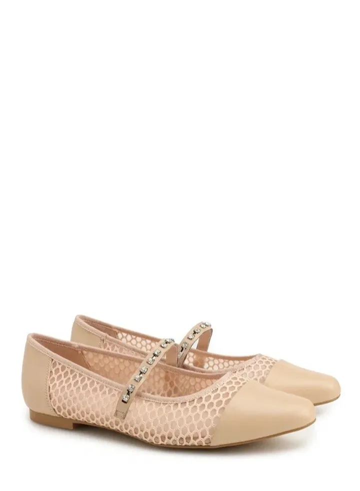 Women's Leather Flat Flatform Ballet Flats Decorated With Shimmering Rhinestones Beige