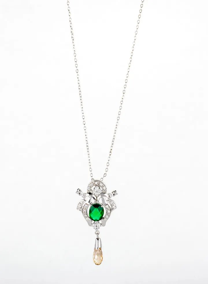 Platinum Necklace with Green Crystal Stone and Zircone Stone