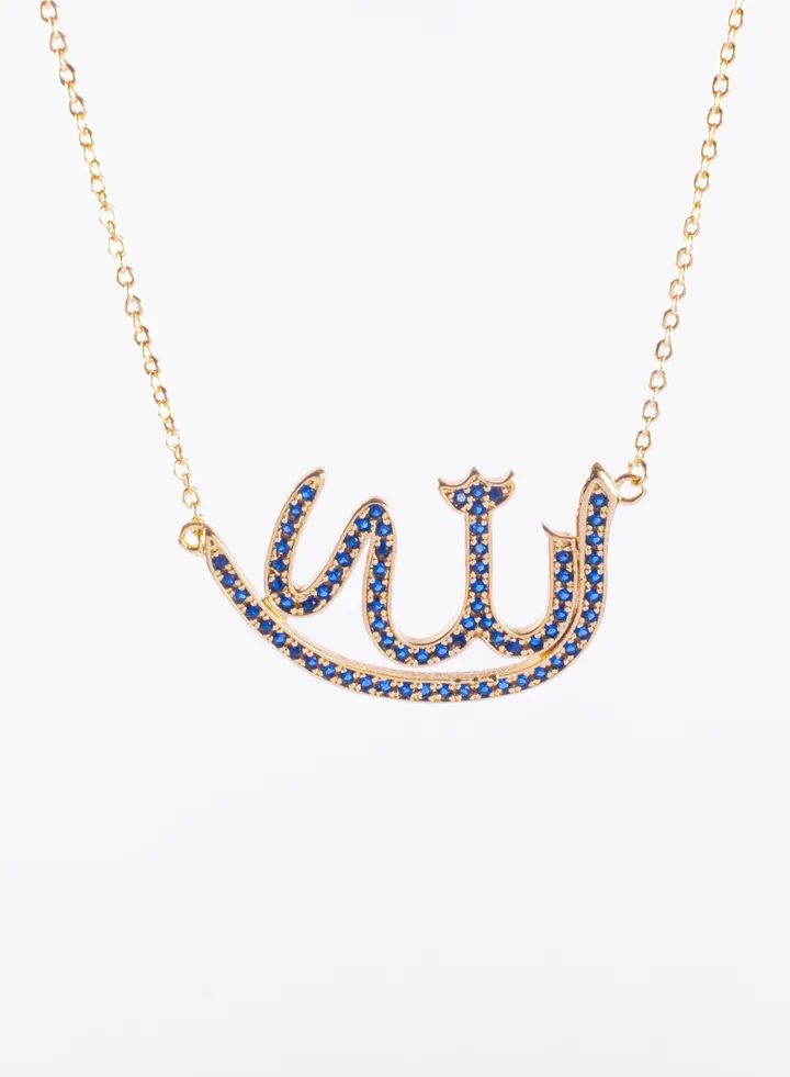 Chinese Gold Necklace with a Blue Zirconic Allah Pendant