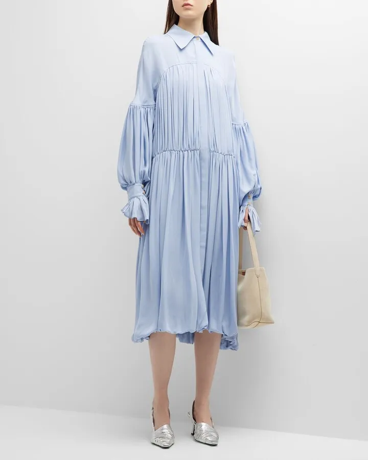 Colleen Tiered Balloon Silk Midi Shirtdress