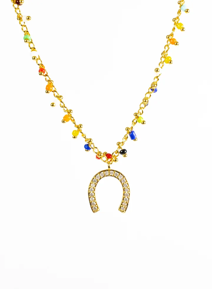Chinese Gold Necklace Gold with Colorful & Zirconic Horseshoe Pendant
