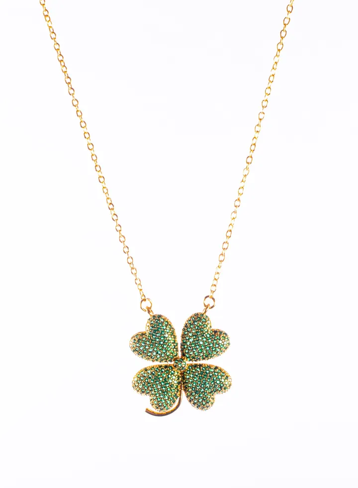 Chinese Gold Necklace with a Green Zirconic Flower Pendant