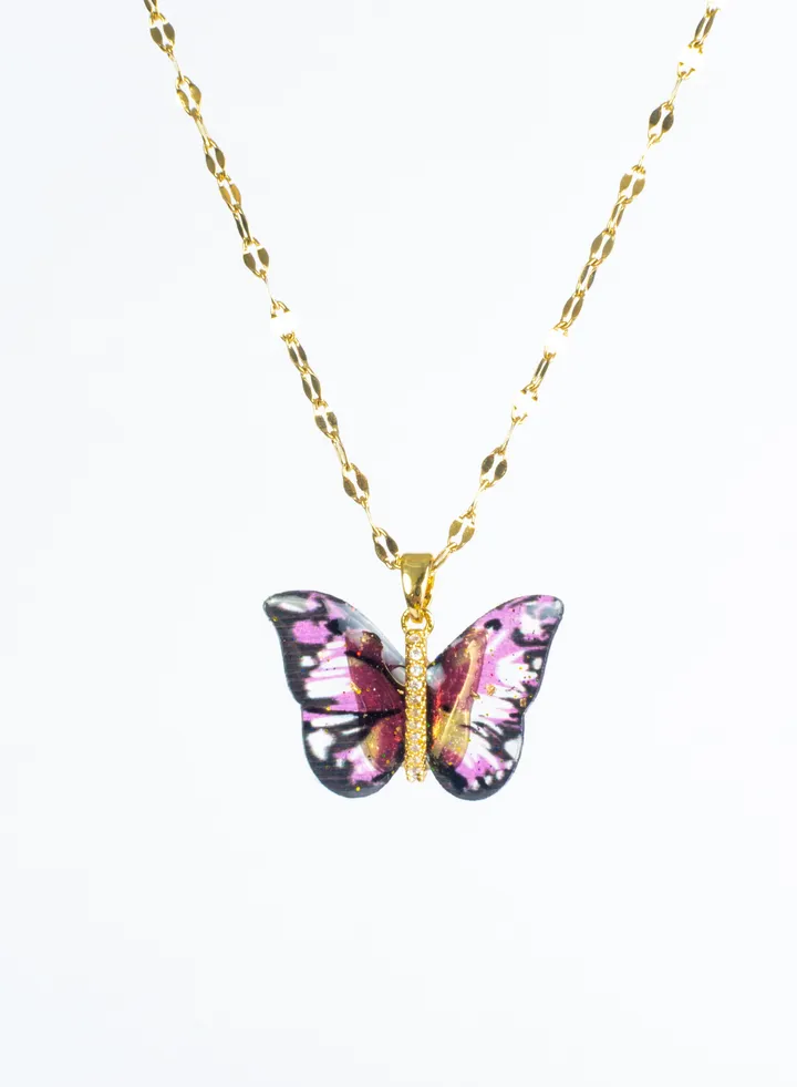 Stainless Steel Necklace Gold with a Black Pink Butterfly Pendant
