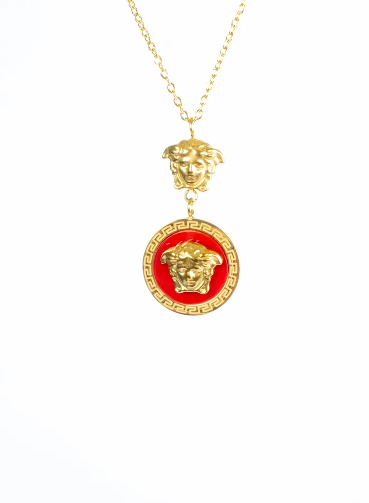 Stainless Steel Necklace Gold with a Red Medousa Pendant