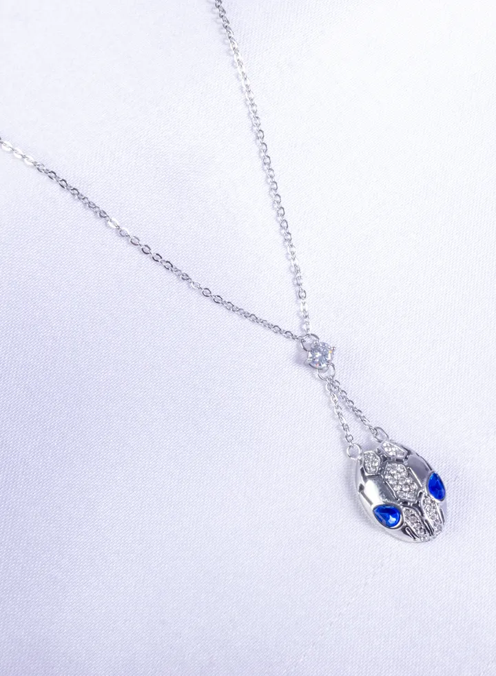 Stainless Steel Necklace Silver with Zirconic Blue Eye Snake Head Pendant