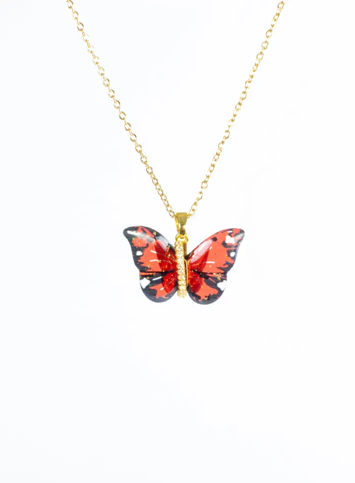 Stainless Steel Necklace Gold with a Black Red Butterfly Pendant