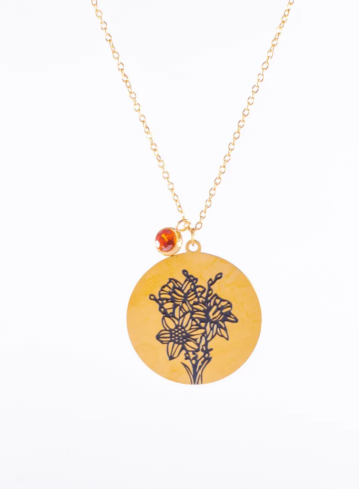 Stainless Steel Necklace Gold with Flower Engraved and Orange Stone Pendant