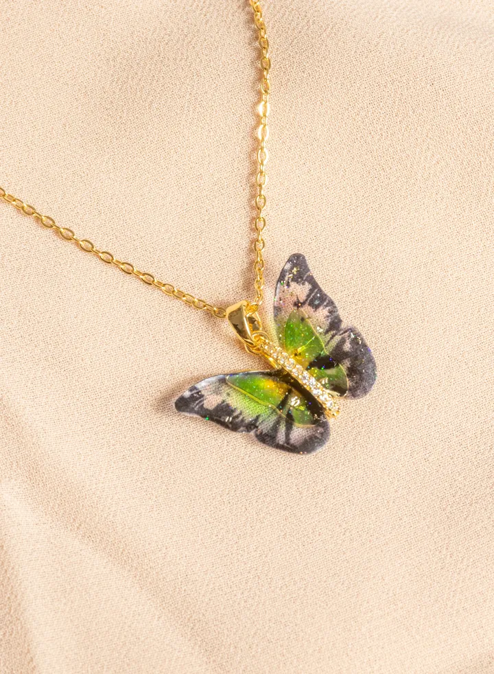 Stainless Steel Necklace Gold with a Black Green Butterfly Pendant