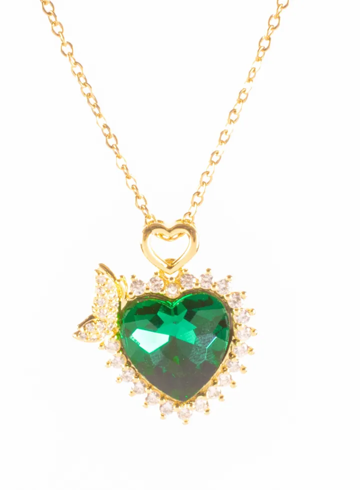 Stainless Steel Necklace Golden with a Zirconic Green Crystal Heart and Fish Tail Pendant