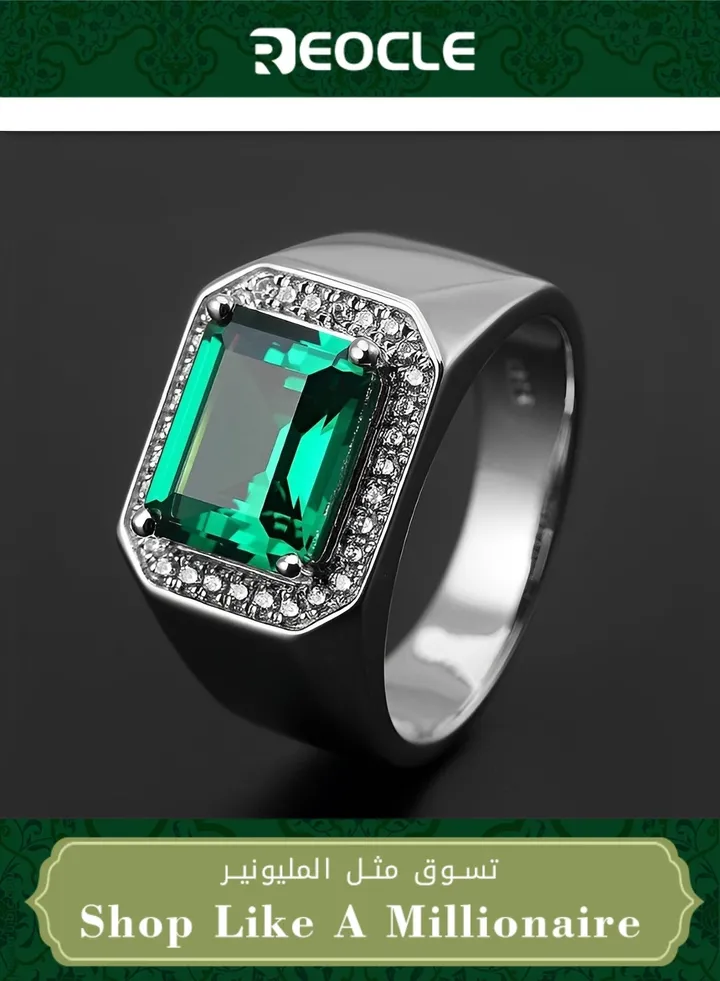 Fashionable Bold Men's Ring Adjustable Grandeur with Emerald Diamond