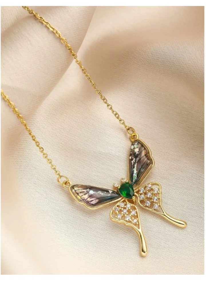 Stainless Steel Necklace Gold with a Green Zirconic Crystal Butterfly Pendant