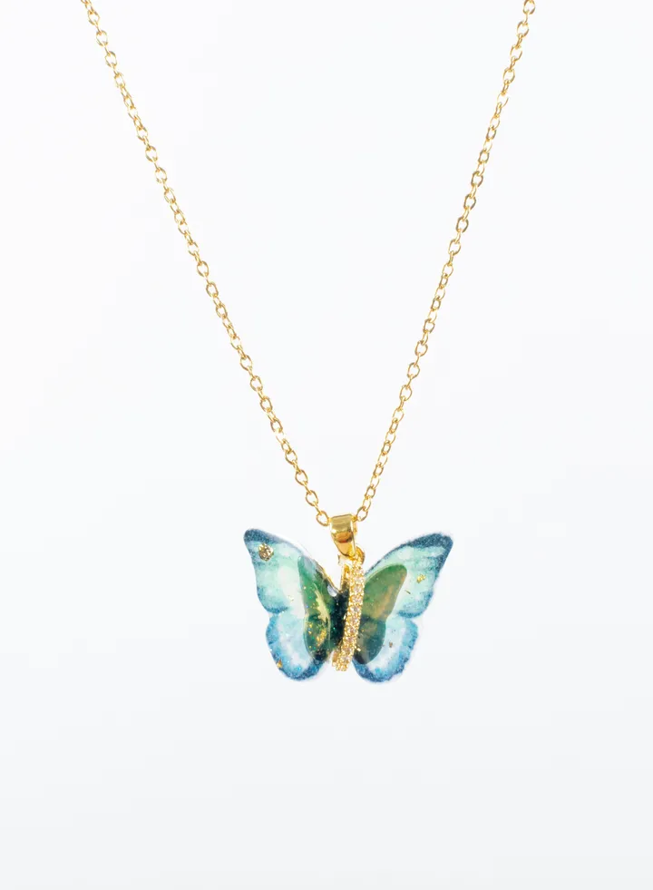 Stainless Steel necklace with a green mint butterfly pendant