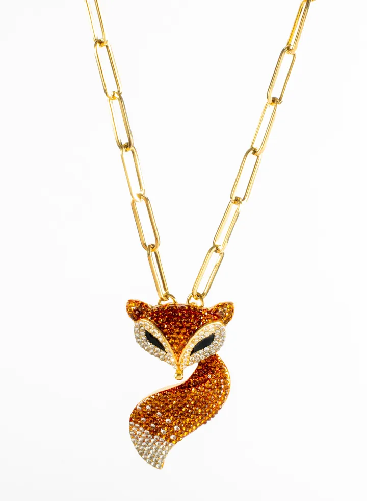 Stainless Steel Necklace with Orange Zirconic Foxy Pendant