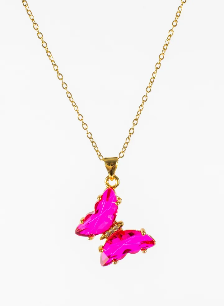 Stainless Steel Necklace Gold with a Fushia Crystal Butterfly Pendant