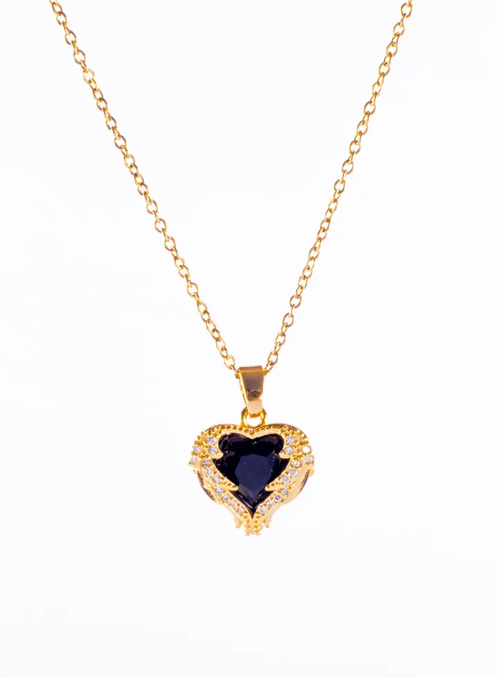 Stainless Steel Necklace Gold with Zirconic Winging Black Crystal Heart Pendant