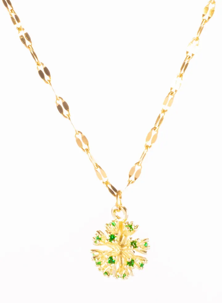 Stainless Steel Necklace Golden with a Green Zirconic Pendant