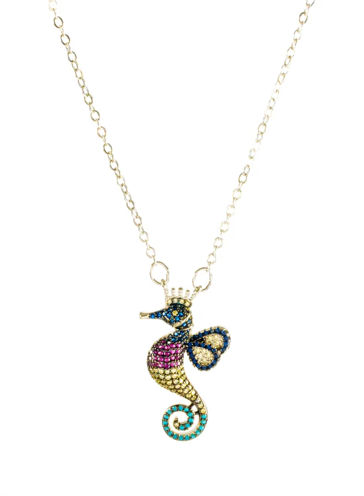 Stainless Steel Necklace with Multi colored Zirconic Sea Horse Pendant - Silver