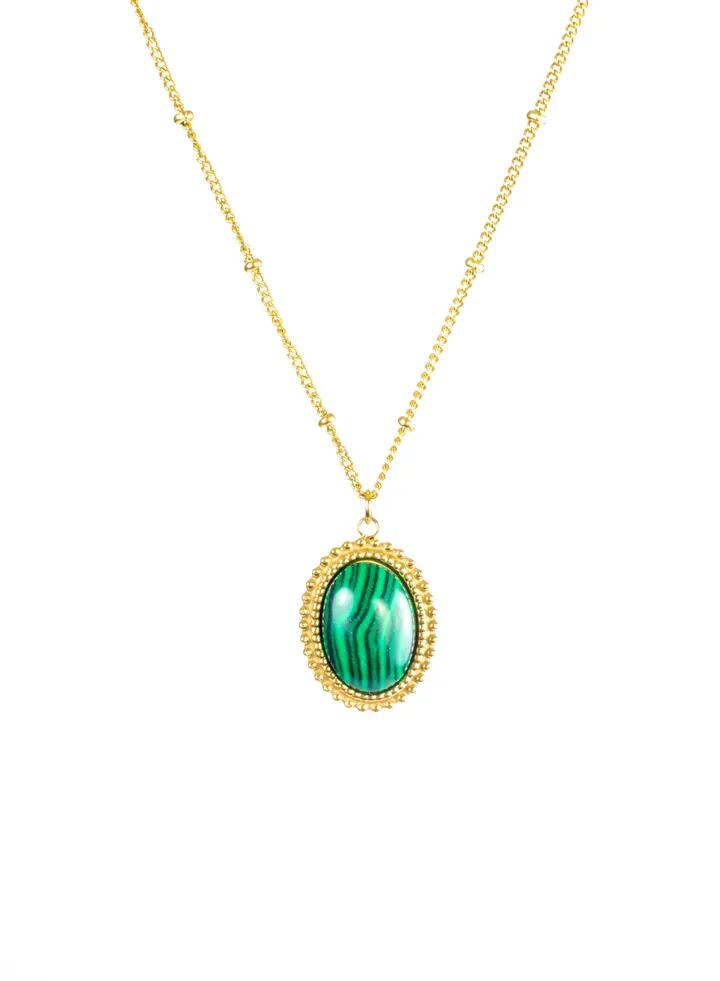 Stainless Steel Necklace Gold with a Green Marble Stone Pendant