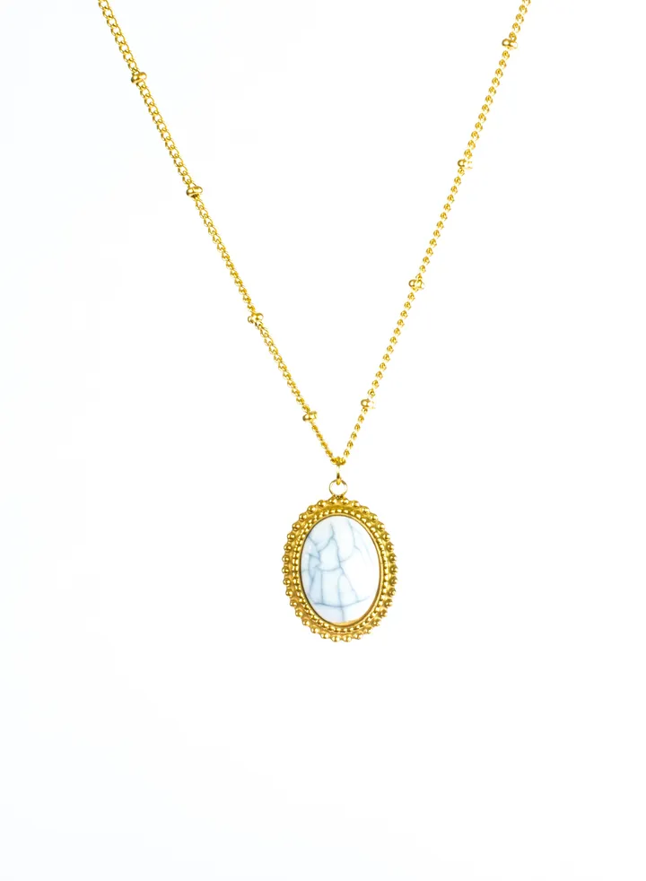 Stainless Steel Necklace Gold with a White Marble Stone Pendant