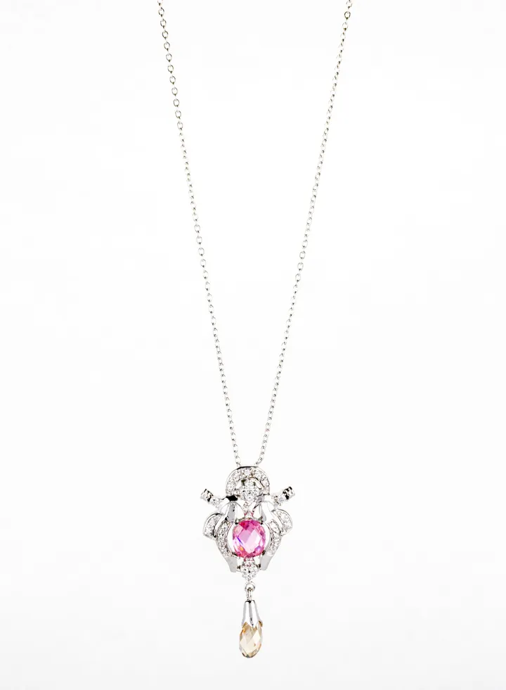 Platinum Necklace with Pink Crystal Stone and Zircone Stone