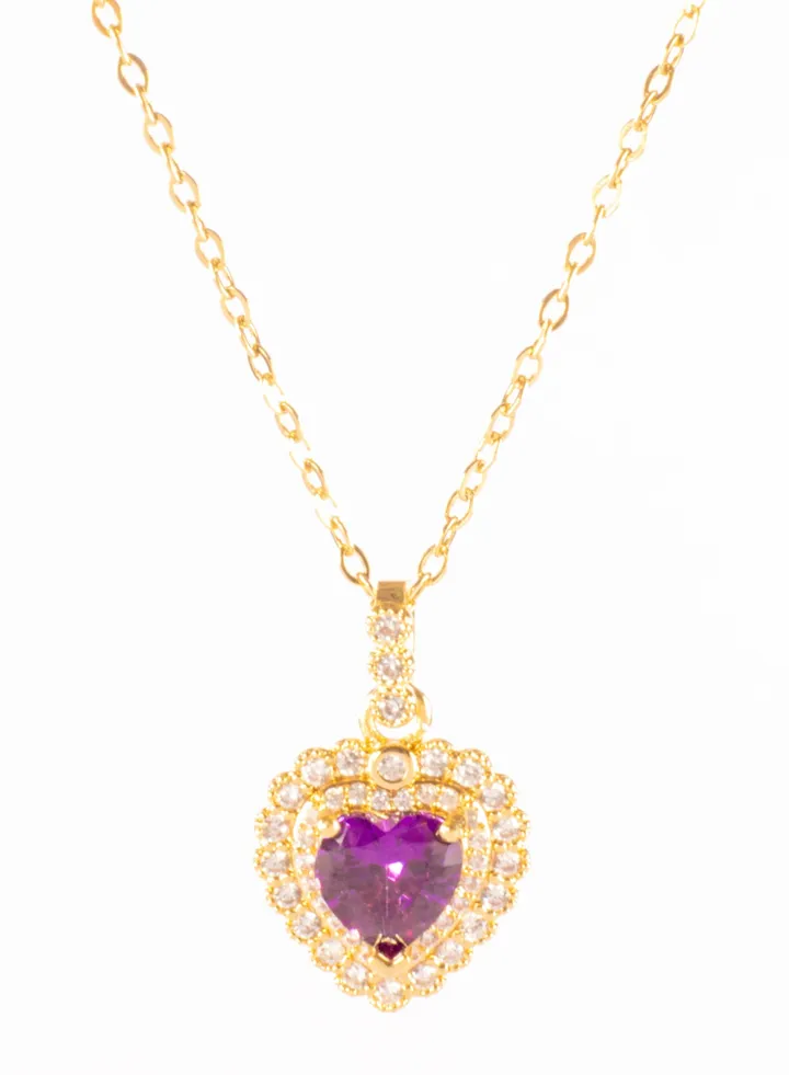Stainless Steel Necklace Golden with a Purple Zircon Heart Pendant