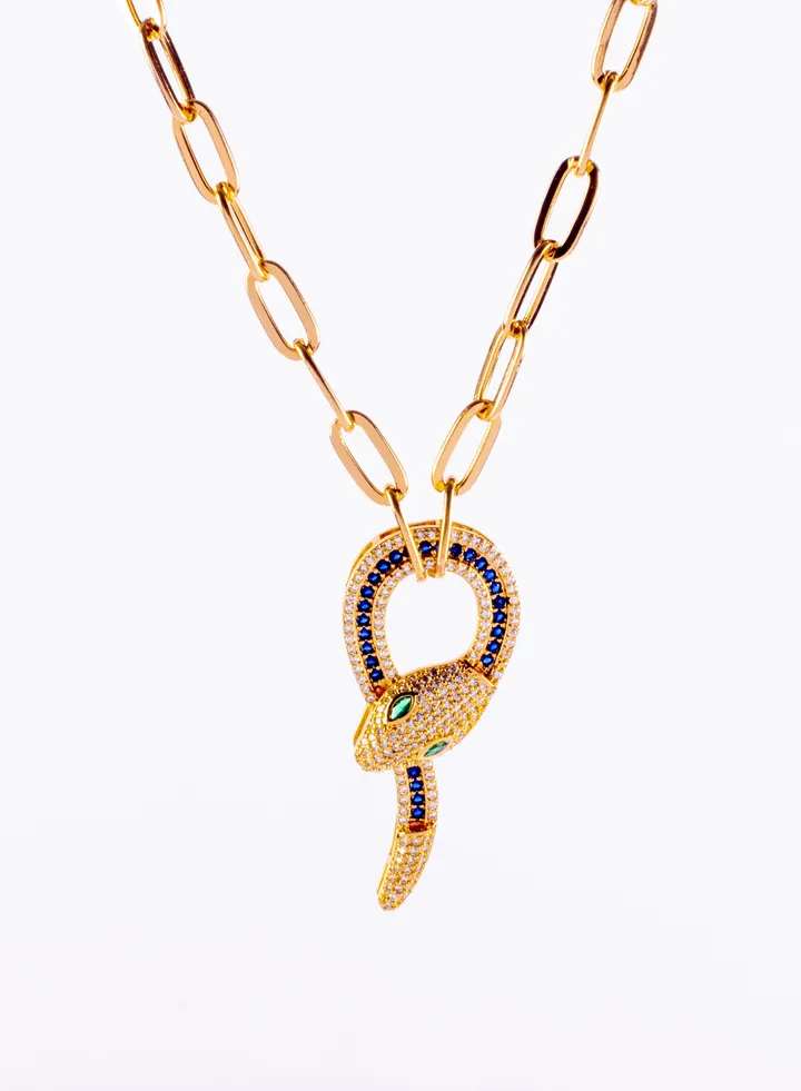 Chinese Gold Necklace gold with Blue Zirconic Snake Pendant