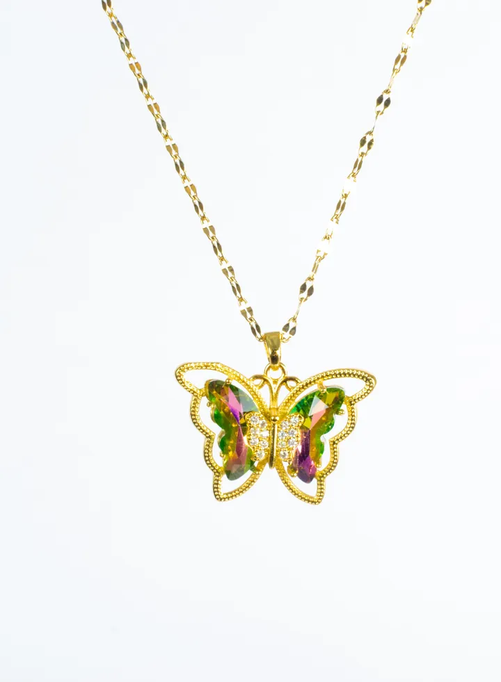 Stainless Steel Necklace with a Green Pink Crystal Stone Butterfly