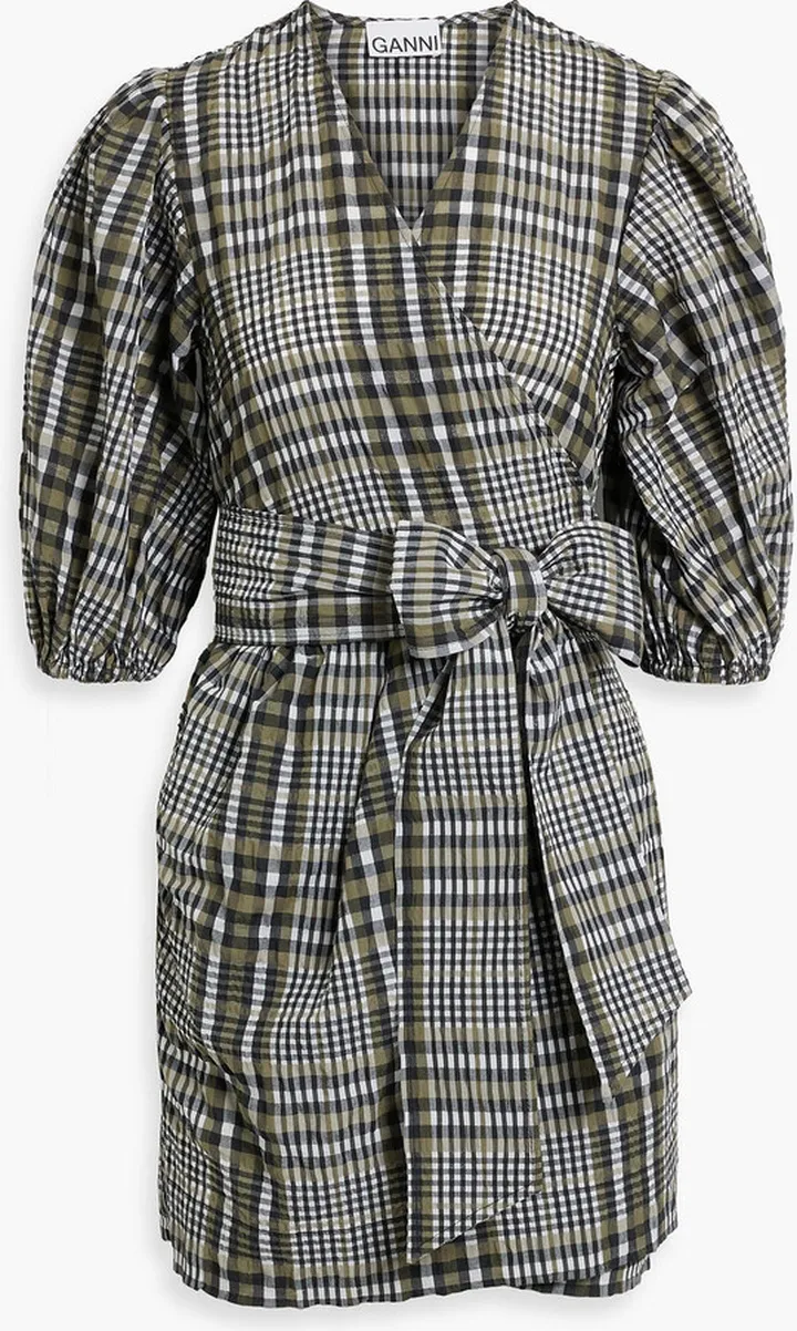 Gathered checked cotton-blend seersucker mini wrap dress
