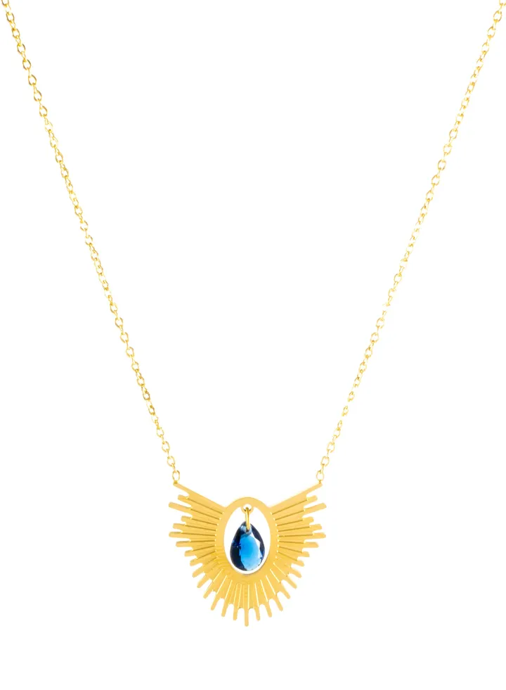 Stainless Steel Necklace with a Sunray and Blue Crystal Stone Pendant