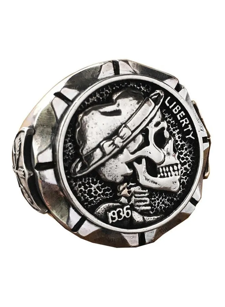 Stainless Steel Hobo Nickel Brave Skull Engraved Ring