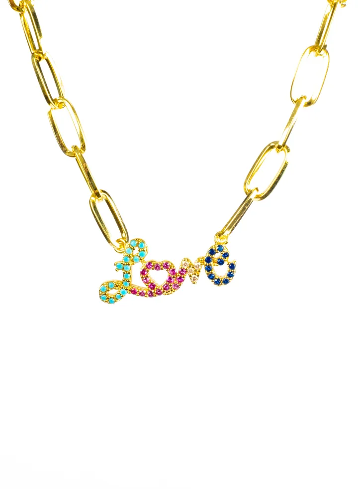 Chinese Gold Necklace Gold with Colorful Zirconic Love Word Pendant