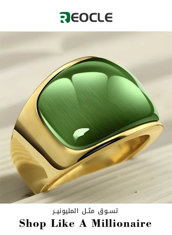 Domineering Ring for Men and Women Retro Inlaid Emerald Titanium Steel Ring Simple and Fashionable Synthetic Cat's Eye Stone