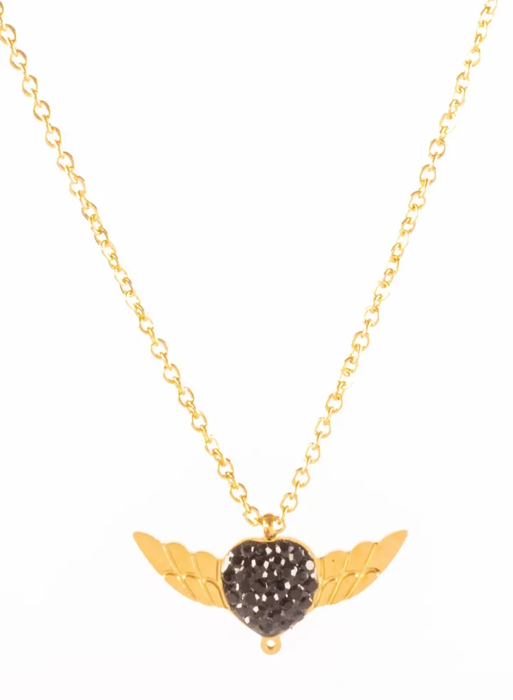 Stainless Steel Necklace Golden with 2 Wings black Zirconic Heart Pendant