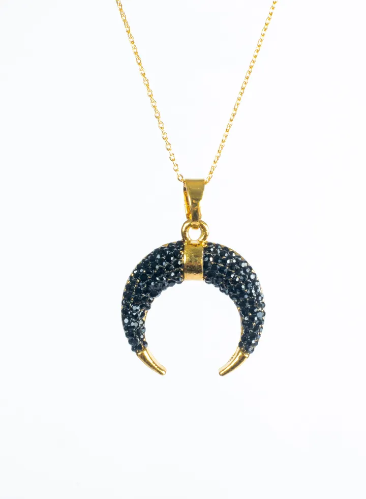 Chinese Gold Necklace Golden with a Black Zirconic Cresent Pendant