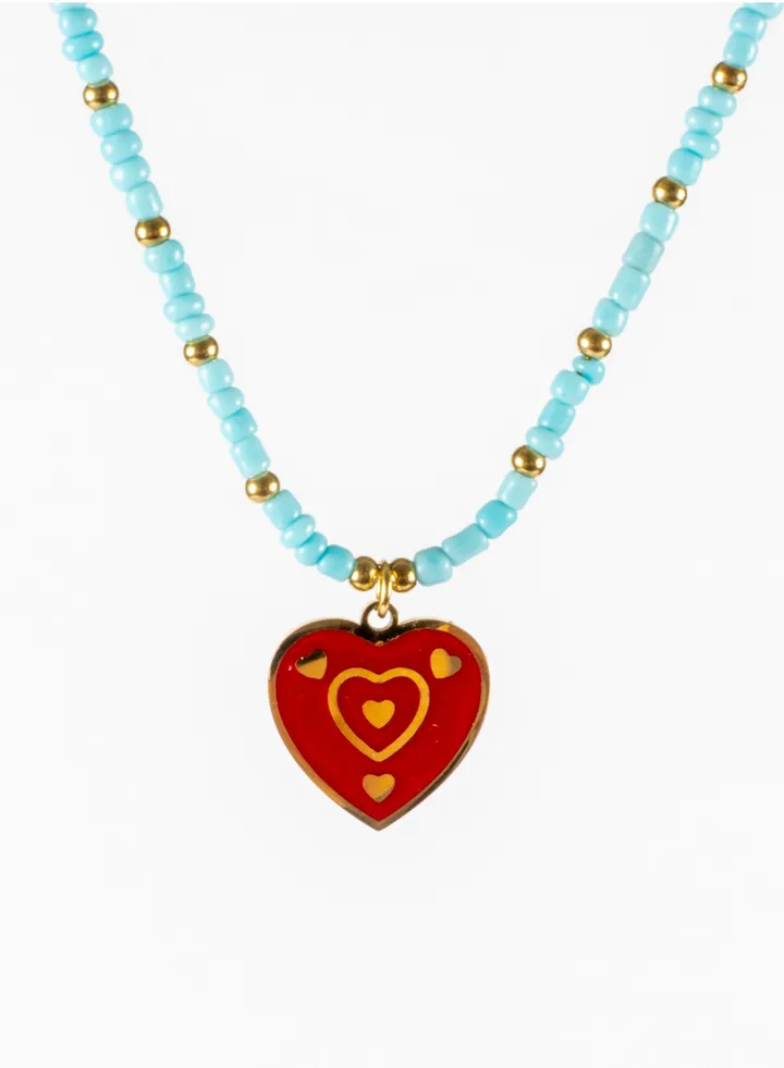Stainless Steel Necklace Gold With Turquise Beads and Red Heart Pendant