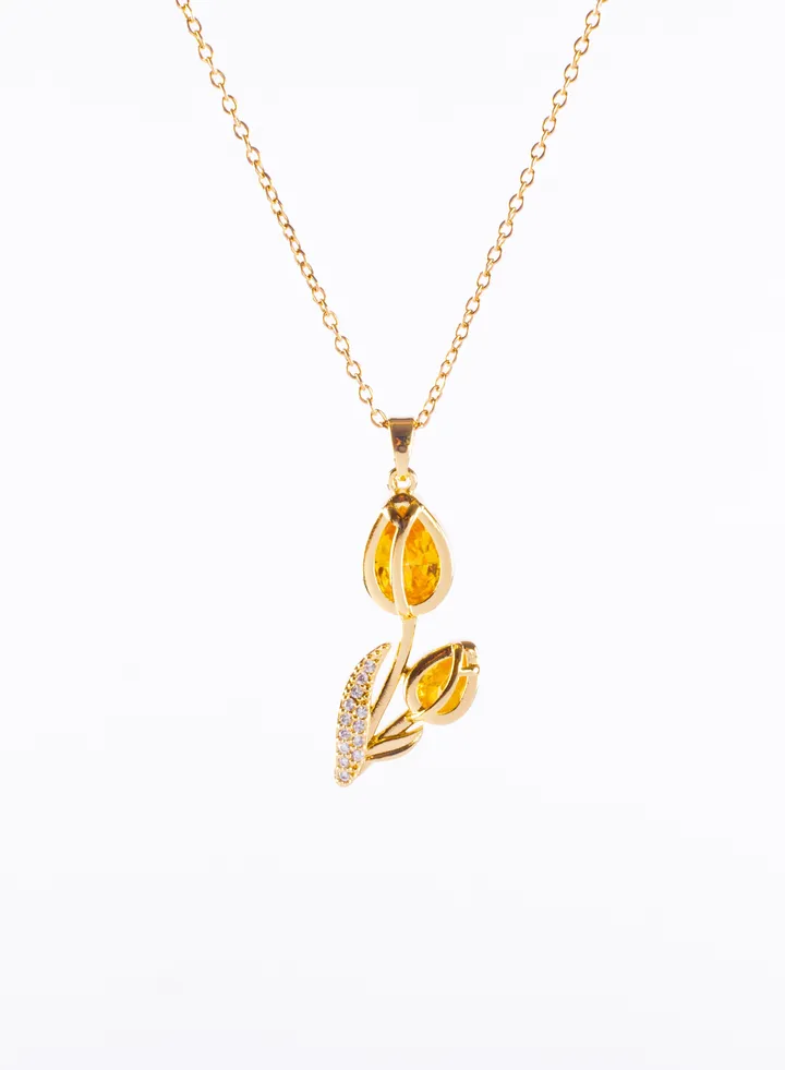 Stainless Steel Necklace Golden with a Orange Crystal Rose Pendant