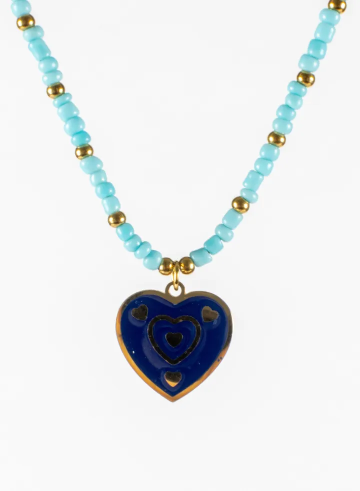 Stainless Steel Necklace Gold With Turquise Beads and Blue Heart Pendant