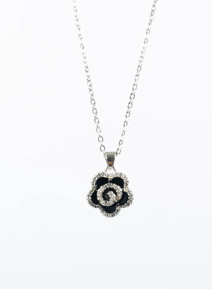 Stainless Steel Necklace with a black flower Pendant