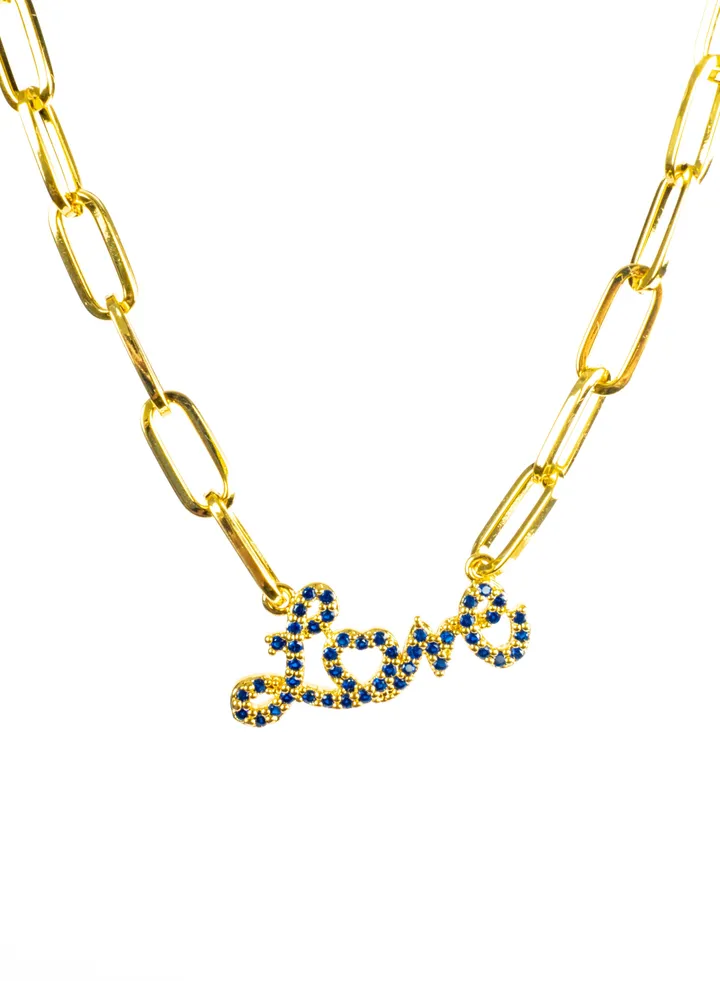 Chinese Gold Necklace Gold with Blue Zirconic Love Word Pendant