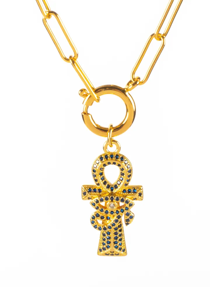 Blue Zirconic Key of Life Chinese Gold Pendant Necklace