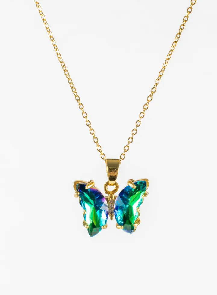Stainless Steel Necklace Gold with a Purple Green Crystal Butterfly Pendant