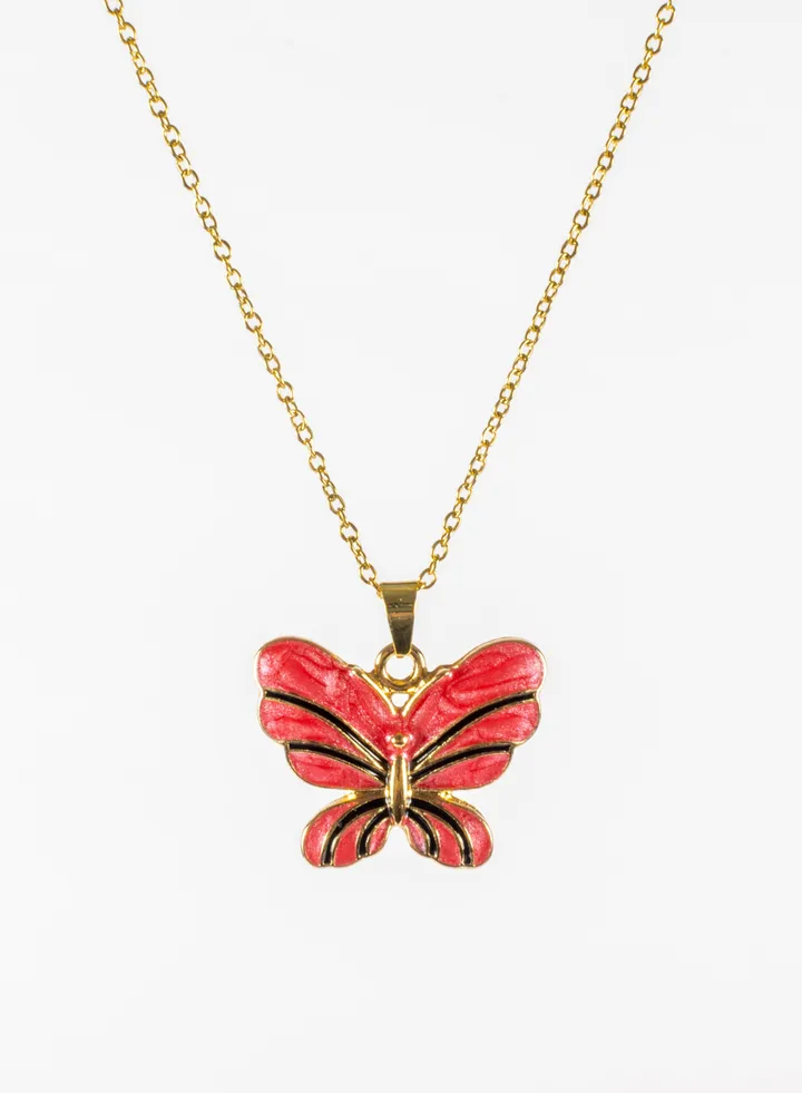 Stainless Steel Neckalce Gold with a Red Butterfly Pendant