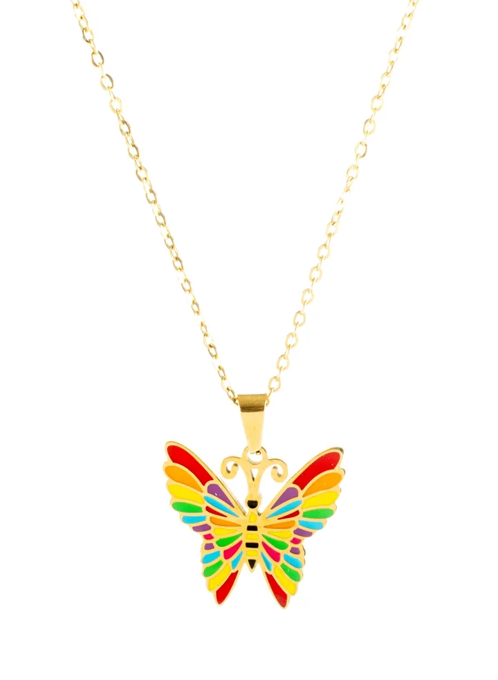 Stainless Steel Necklace with a Multi Colored Butterfly