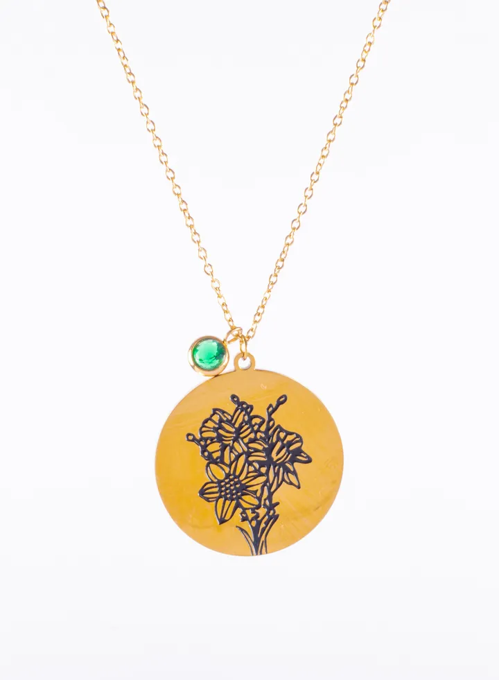 Stainless Steel Necklace Gold with Flower Engraved and Green Stone Pendant
